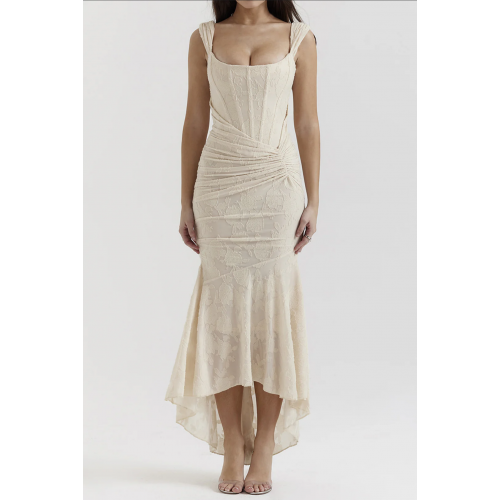 Floral Pattern Asymmetrical Hem Ruched Mermaid Sleeveless Midi Dress