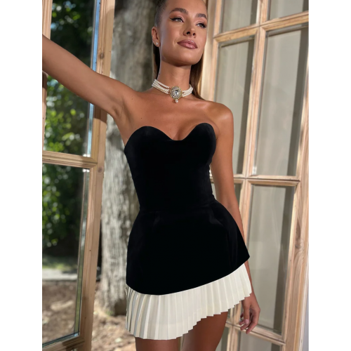 Strapless Colorblock Patchwork Pleated Hem Party Mini Dresses-Black