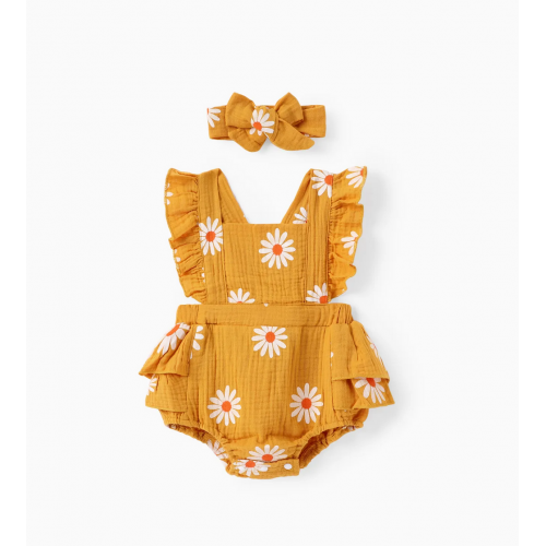 100% Cotton 2pcs Daisy Print Crepe Fabric Baby Romper Set
