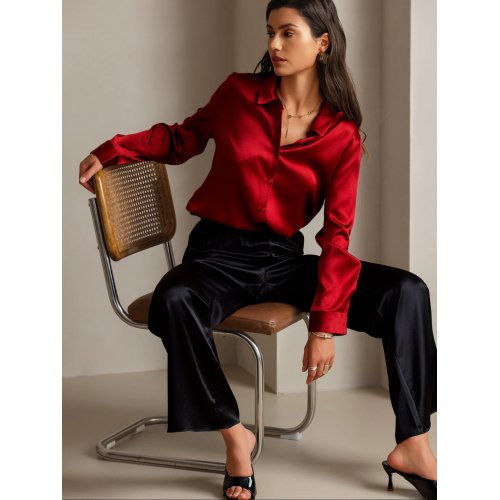  19Momme Silk Solid Color Basic Military Lapel Shirt