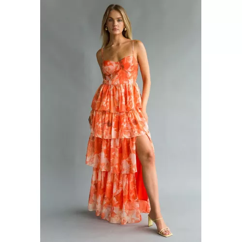  Floral Print Tiered Ruffle Wedding Guest Maxi Slip Dresses-Orange 