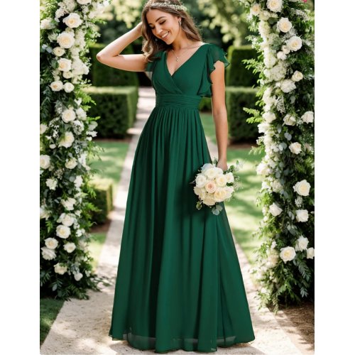 Elegant V-Neck Open Back Chiffon Bridesmaid Dress with Ruffled Sleeves