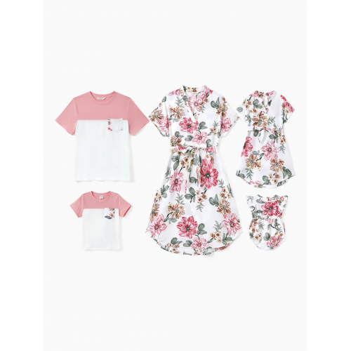 Family Matching Floral Dress with Belted Design - Casual Asymmetrical Hemline