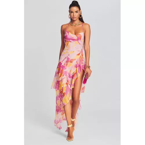  Vacation Cami Boat Neck Floral Print Irregular Ruffle Hem High Slit Tulle Maxi Dresses