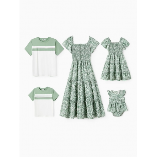 Elegant Broken Flower Matching Outfits for Family, Smocking Design, Medium Thickness